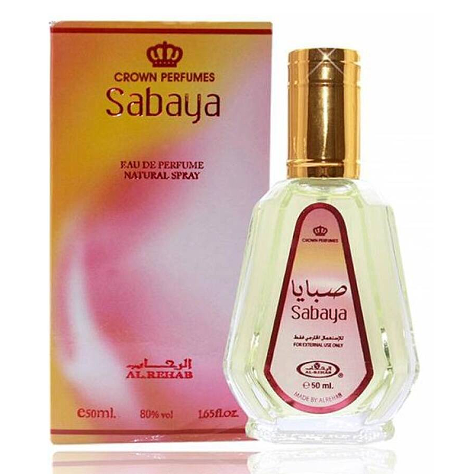 Al Rehab Sabaya EDP 50ml Eau De Parfum bottle with elegant packaging, featuring a sleek design and clear glass showcasing the fragrance.