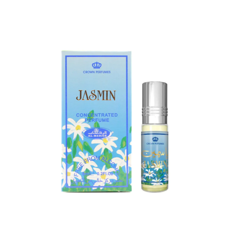 Jasmin 6ml concentrated perfume oil by Al Rehab displayed in a small transparent glass bottle with a white cap.