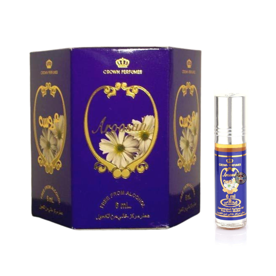 Al-Rehab Aroosah 6ml roll-on perfume oil, concentrated CPO with box of six, featuring elegant packaging and fragrance.