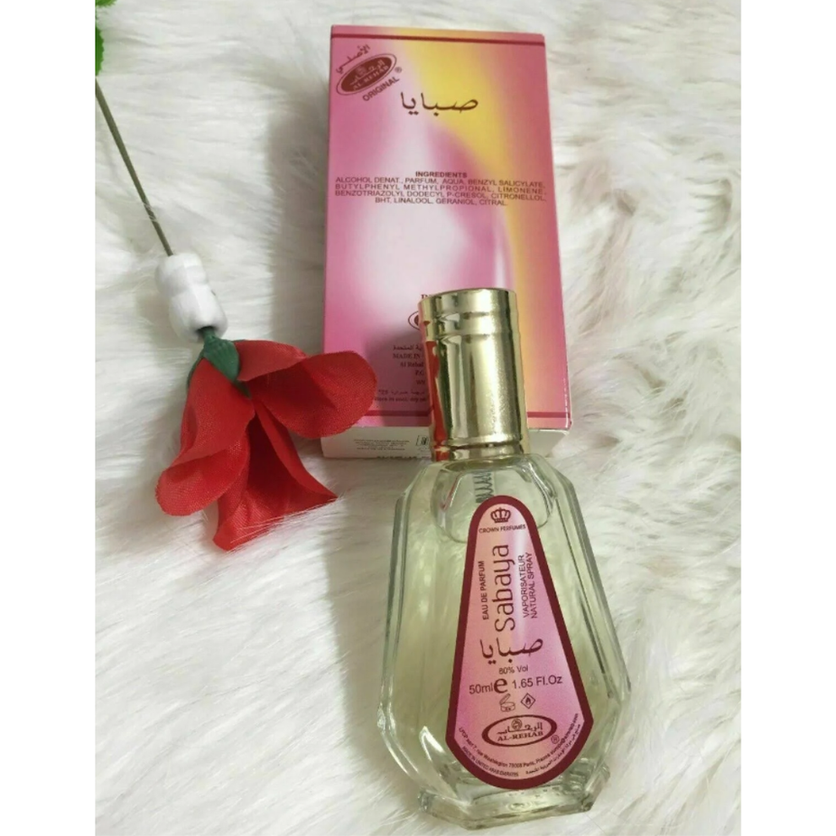 Al Rehab Sabaya Eau De Parfum 50ml bottle with sleek design, showcasing the elegant glass container and silver cap.