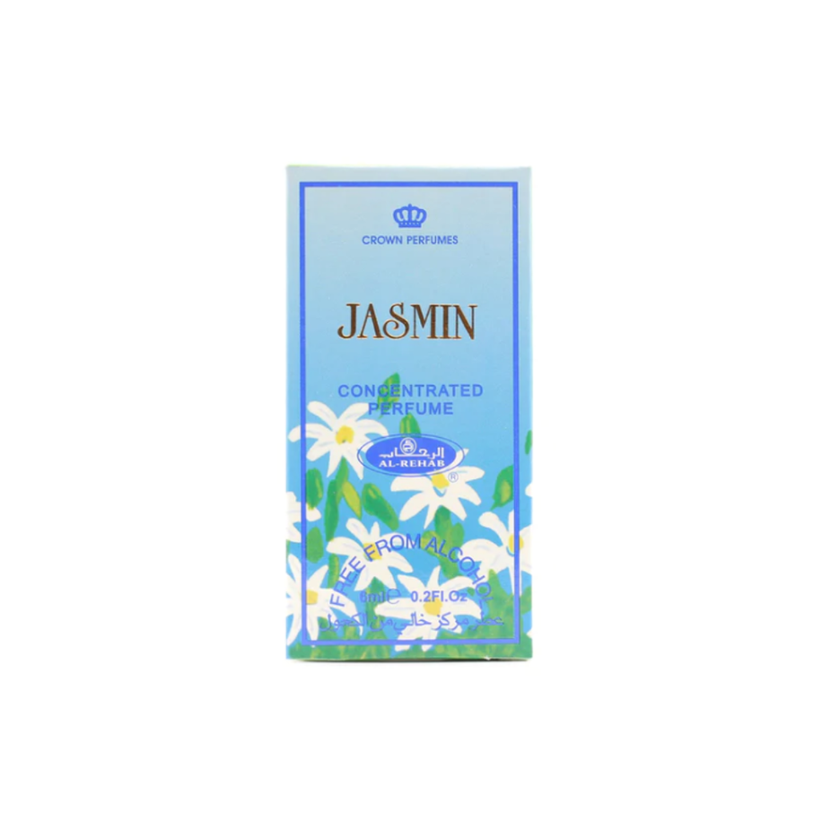 Jasmin 6ml concentrated perfume oil by Al Rehab, clear glass bottle with jasmine-scented fragrance and minimalist label design