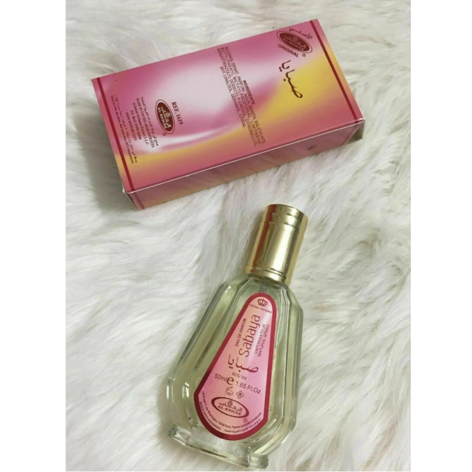 Sabaya Eau De Parfum by Al Rehab in 50ml bottle, featuring elegant packaging and a sleek design.