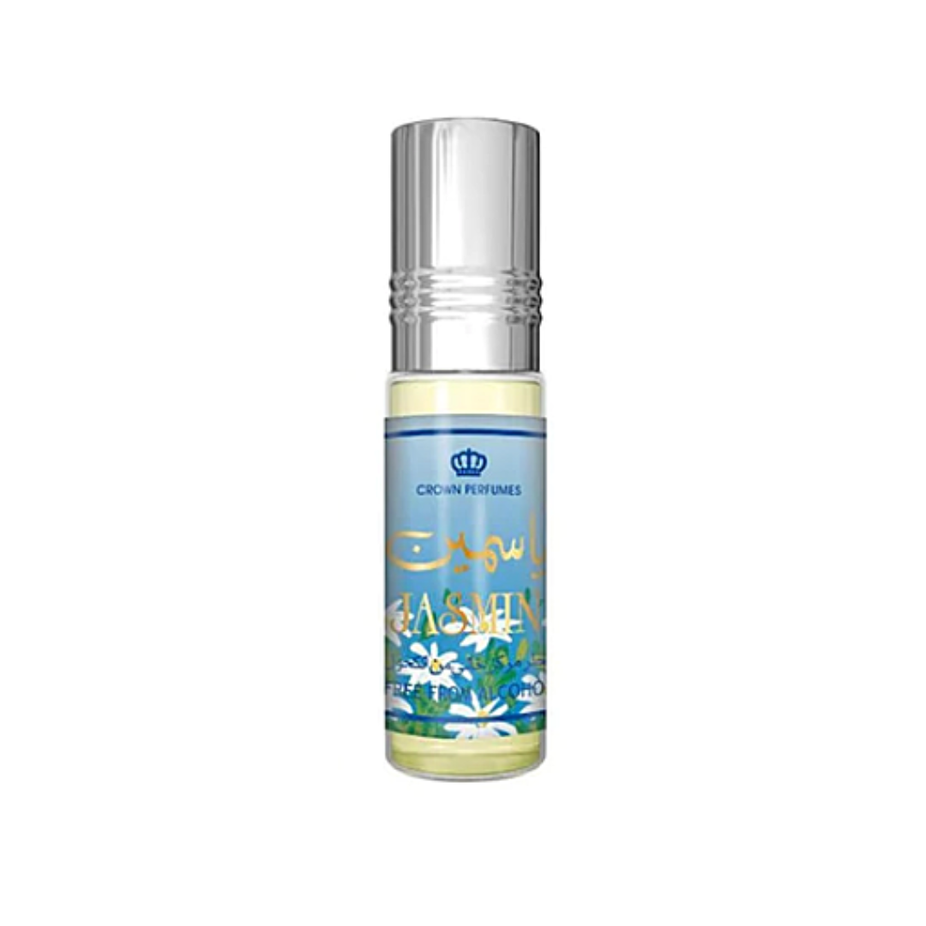 Jasmin 6ml concentrated perfume oil by Al Rehab, featuring a clear glass bottle with jasmine-scented fragrance inside.