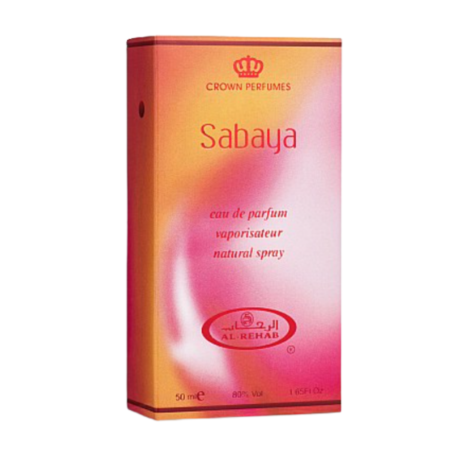 Al Rehab Sabaya Eau De Parfum 50ml bottle with elegant gold cap and intricate floral design on the box.