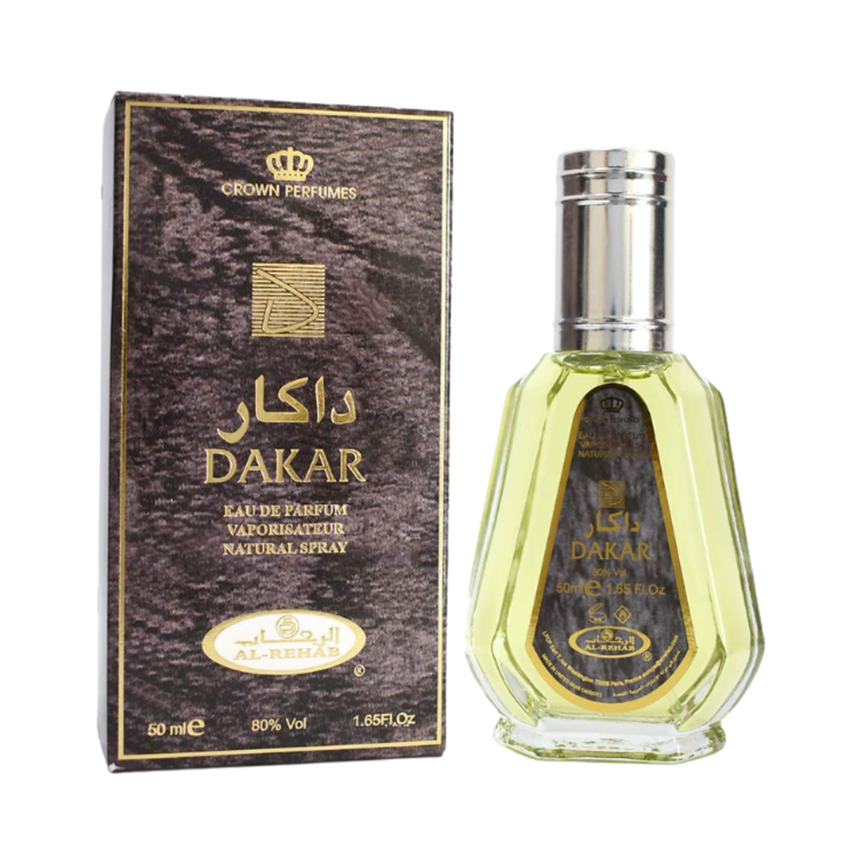 Dakar Spy EDP 50ml by Al Rehab, elegant glass bottle of Eau De Parfum with a sleek design and gold accents.