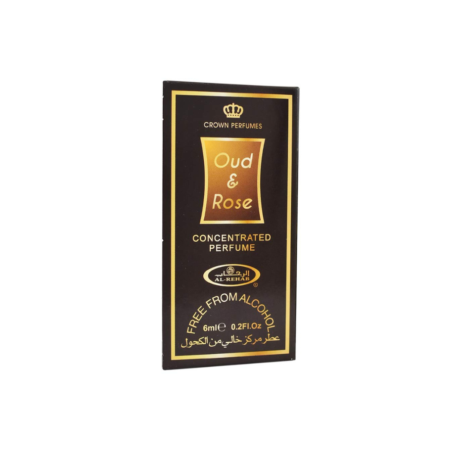 Al Rehab Oud & Rose 6ml concentrated perfume oil bottle with elegant packaging and a clear display of the product.