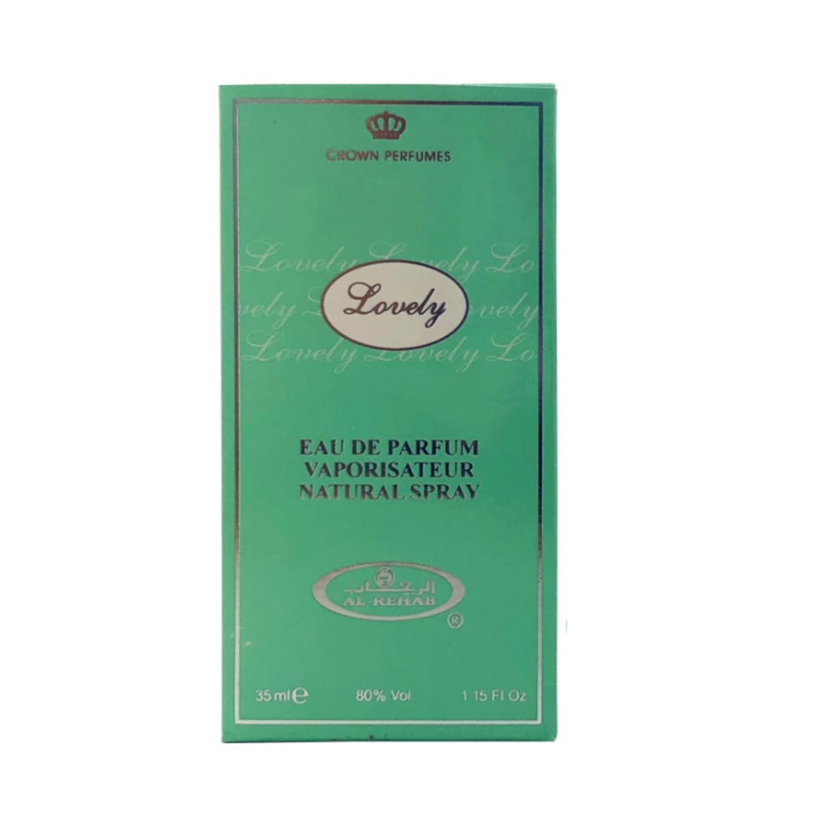 Al Rehab Lovely EDP 35ml Eau De Parfum bottle with a sleek design and floral label on a white background
