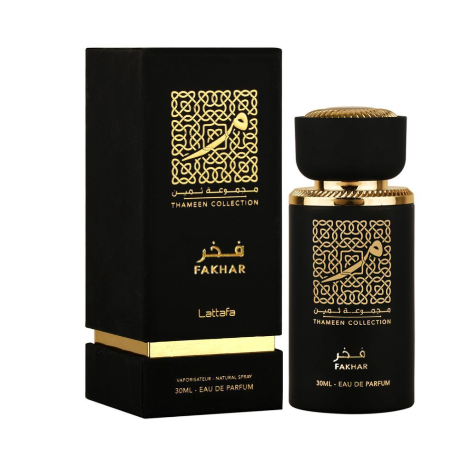 Lattafa Fakhar for Men EDP 30ML bottle, elegant glass container with a sleek design, showcasing the men's fragrance.