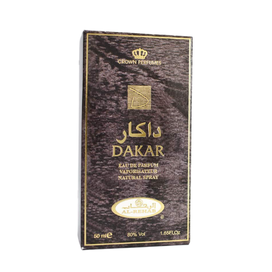 Al Rehab Dakar Spy Eau De Parfum 50ml bottle with sleek design and black cap, showcasing the fragrance packaging.