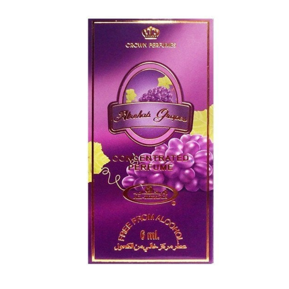 Al Rehab Grapes 6ml concentrated perfume oil bottle with a clear cap and label, showcasing the Al Rehab brand and grape fragrance.