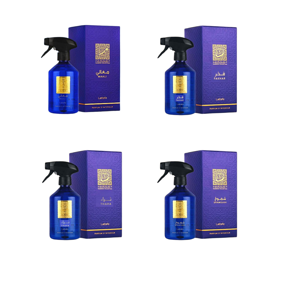 Lattafa Thameen Collection interior perfume spray, 500ml air freshener with elegant packaging and floral fragrance design.
