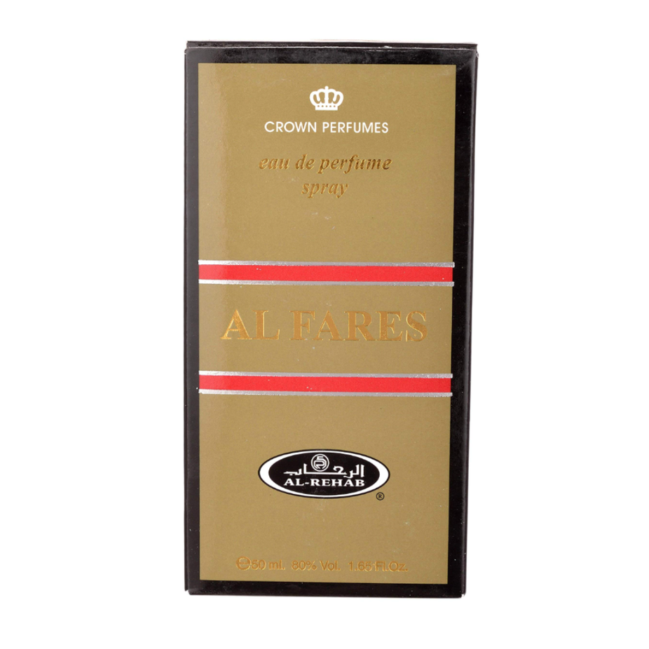 Al Fares Eau De Parfum 50ml by Al Rehab bottle with elegant design and cap, showcasing the fragrance packaging.