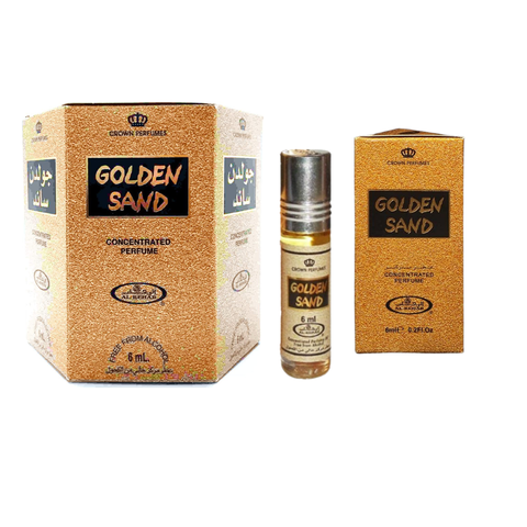 Golden Sand 6ml roll-on perfume oil by Al-Rehab, concentrated CPO with gold-colored cap, displayed in its packaging.