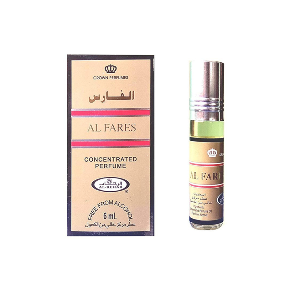 Al Fares 6ml concentrated perfume oil by Al Rehab in a small glass bottle with a black cap and clear label.