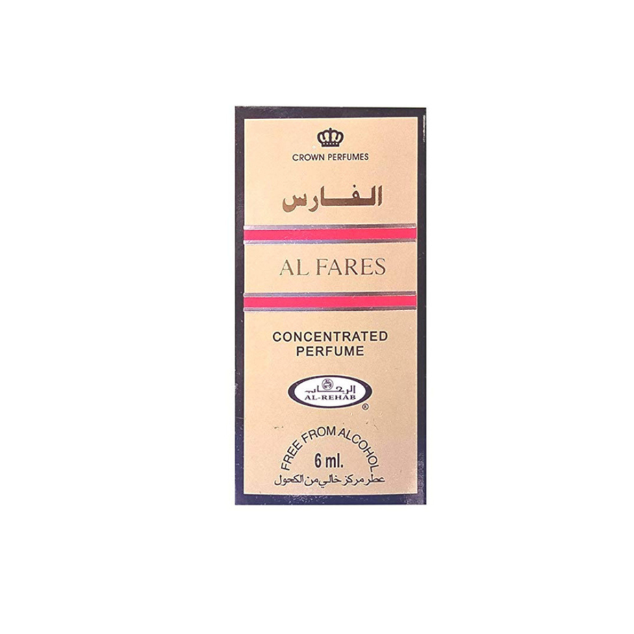Al Fares 6ml concentrated perfume oil by Al Rehab, clear glass bottle with gold cap, showcasing the luxurious fragrance.