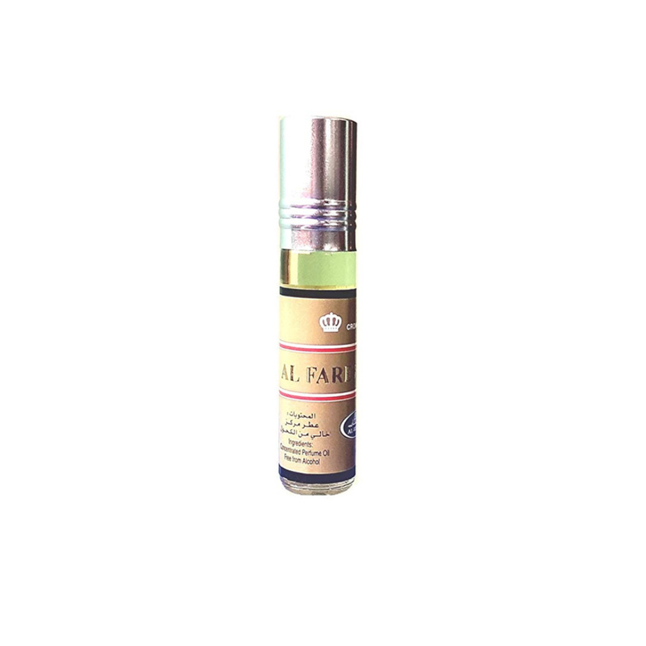 Al Fares 6ml concentrated perfume oil by Al Rehab, clear bottle with gold cap, showcasing the luxurious fragrance packaging.