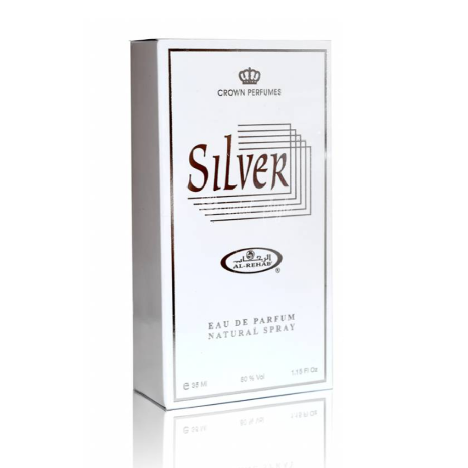Silver EDP 35ml Eau De Parfum by Al Rehab, featuring a sleek silver bottle with a spray nozzle and elegant design.