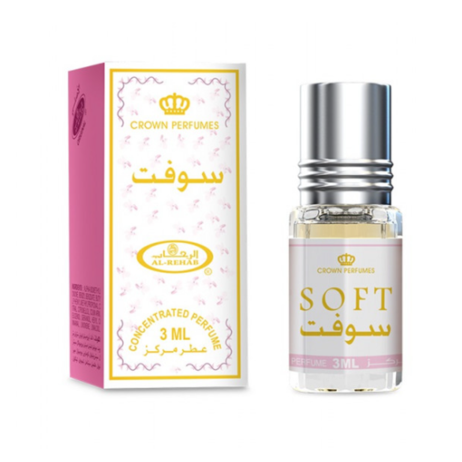 Soft 3ml Al Rehab concentrated perfume oil bottle with clear label and elegant design, showcasing the perfume oil container.