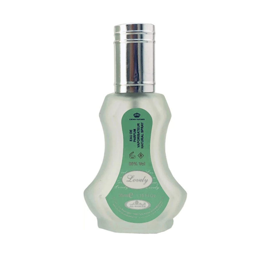 Al Rehab Lovely EDP 35ml Eau De Parfum bottle with elegant design and floral accents on the packaging.
