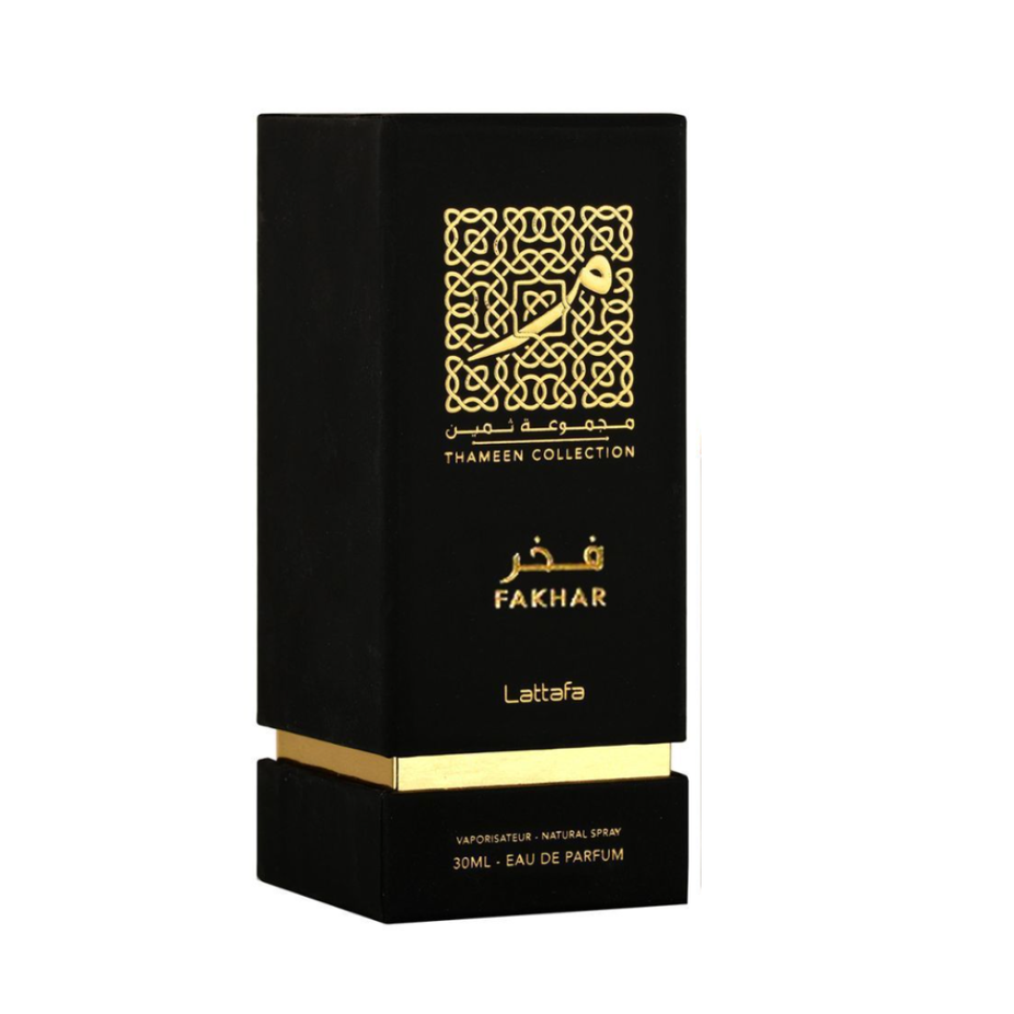 Lattafa Fakhar for Men 30ML Eau De Parfum bottle with sleek design and branding, showcasing the men's fragrance packaging.