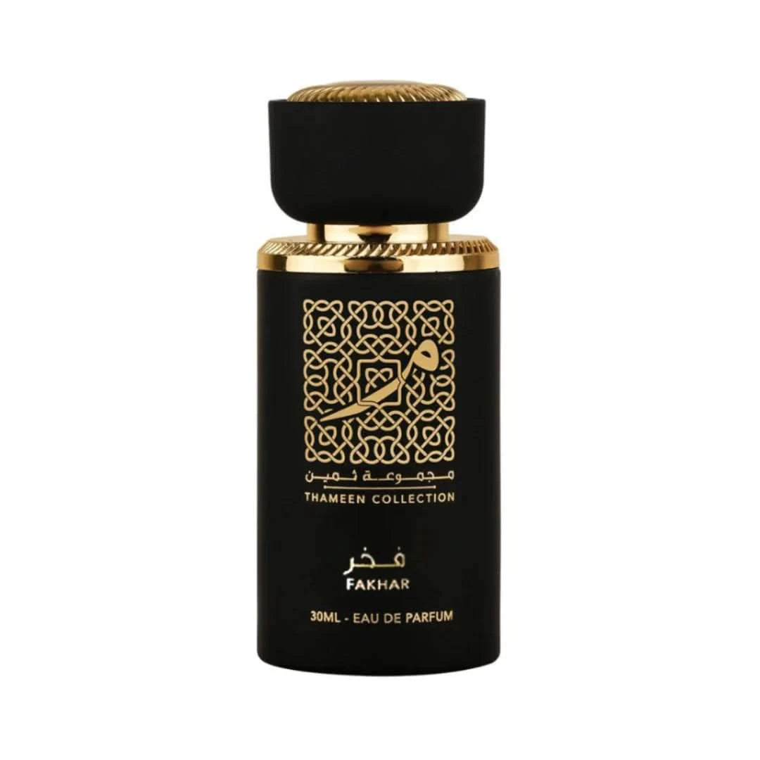 Lattafa Fakhar for Men EDP 30ML with velvet pouch, featuring a sleek glass perfume bottle and elegant packaging.