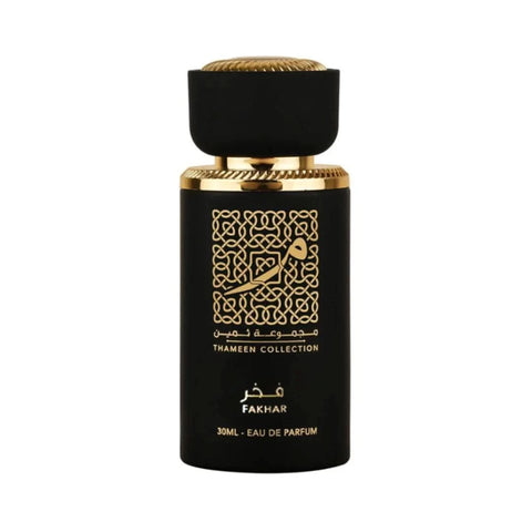 Lattafa Fakhar for Men EDP 30ML with velvet pouch, featuring a sleek glass perfume bottle and elegant packaging.