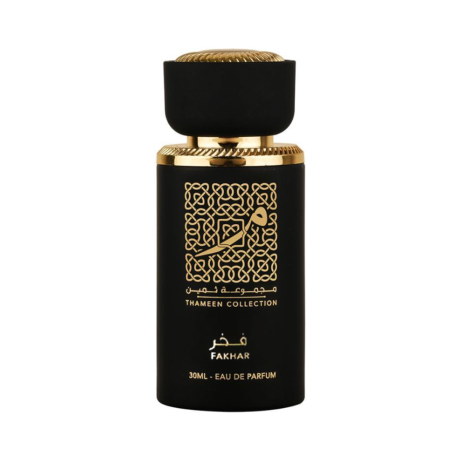 Fakhar for Men Eau De Parfum by Lattafa in a 30ML bottle, featuring a sleek design and masculine fragrance profile.