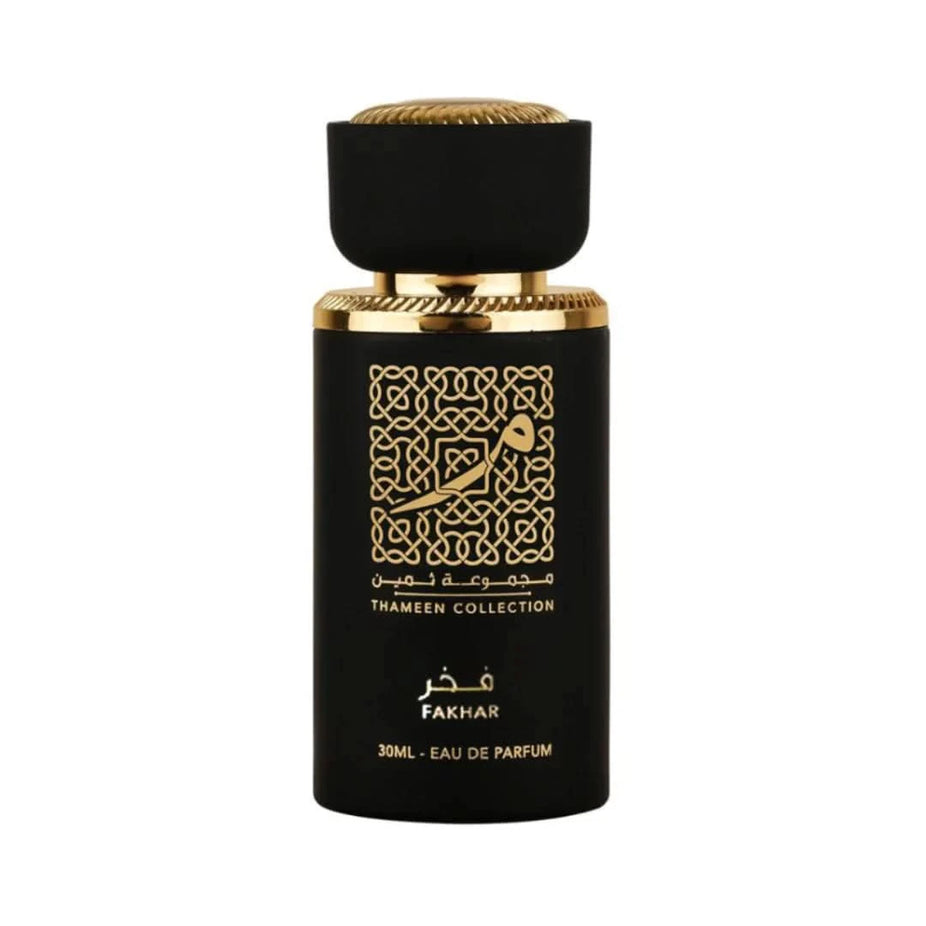 Lattafa Fakhar for Men EDP 30ML in elegant velvet pouch, featuring a sleek bottle and sophisticated packaging.