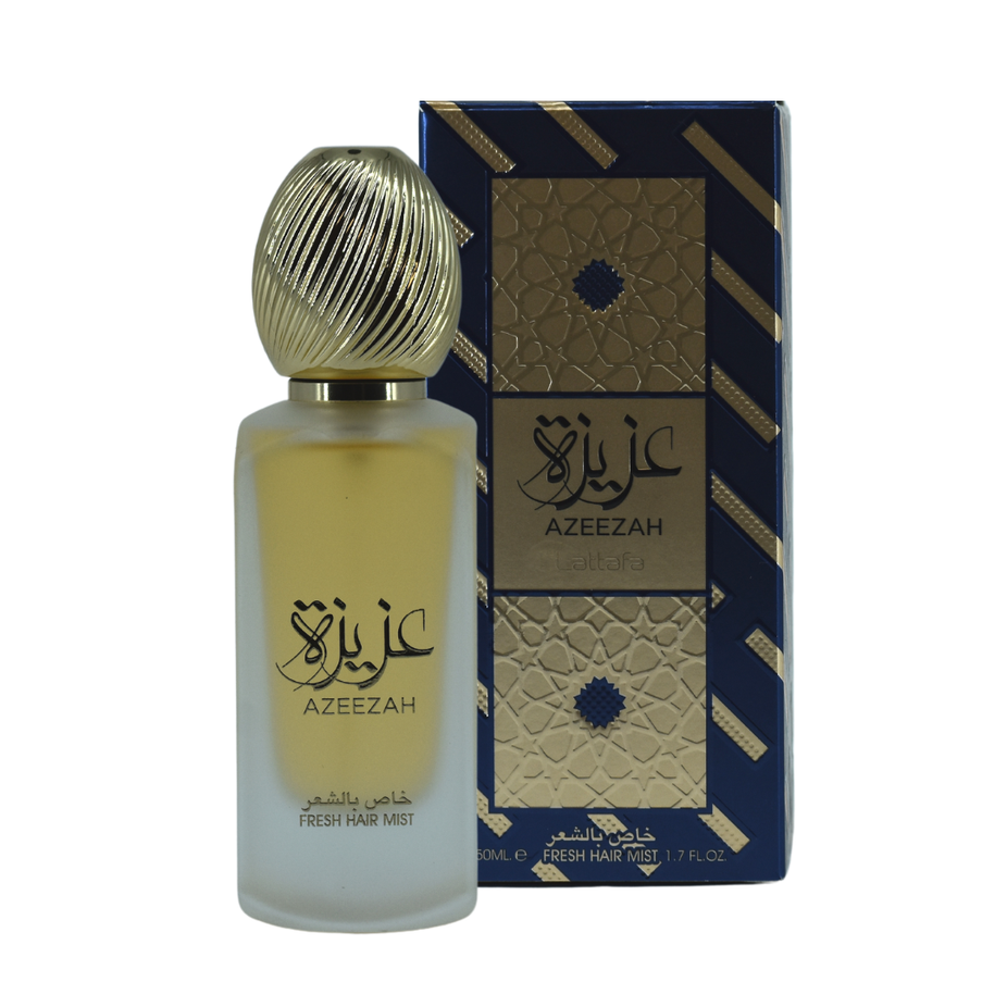 Lattafa Azeezah Hair Mist 50ml bottle with decorative label and spray nozzle on a neutral background.