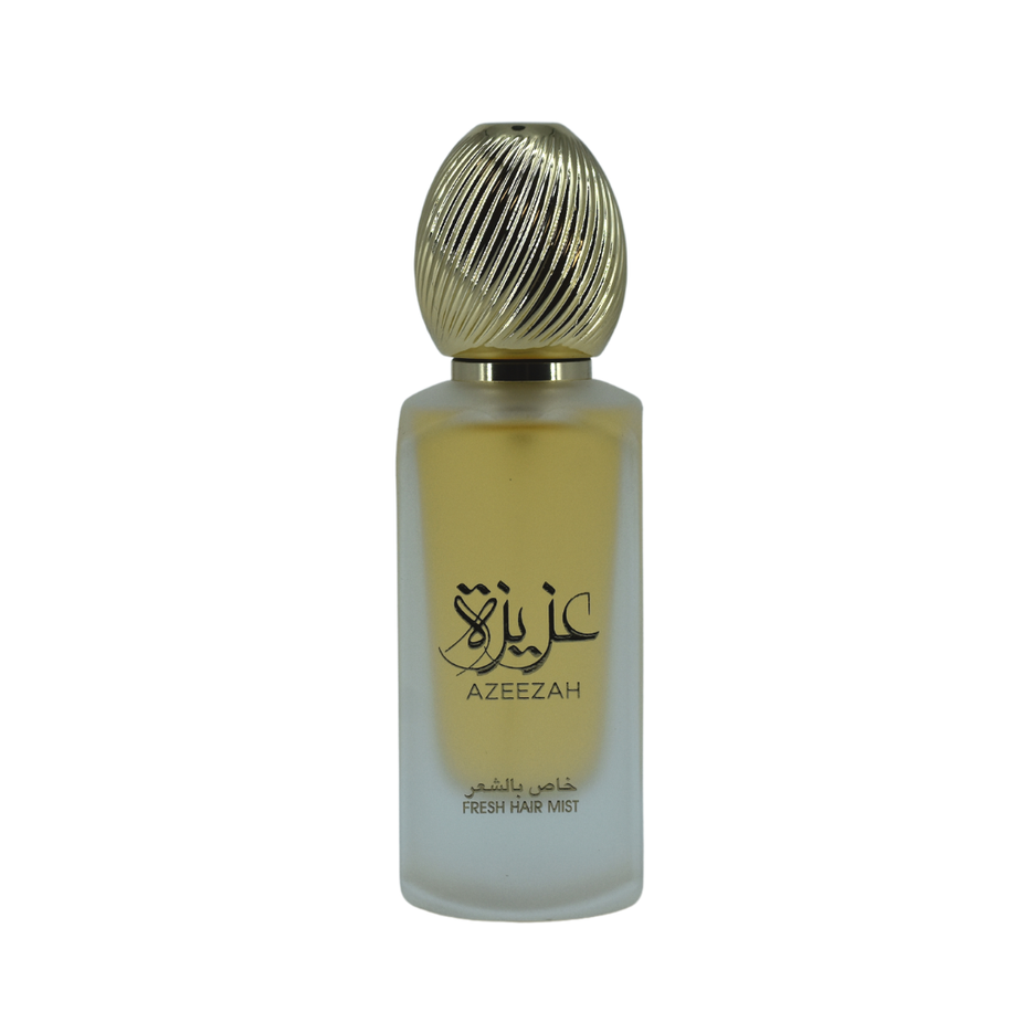 Lattafa Azeezah Hair Mist 50ml bottle with intricate floral design, lightweight spray for refreshing hair fragrance.