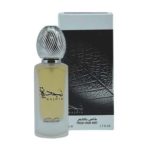 Lattafa Najdia Hair Mist 50ml bottle with elegant packaging, designed to refresh and add shine to hair.