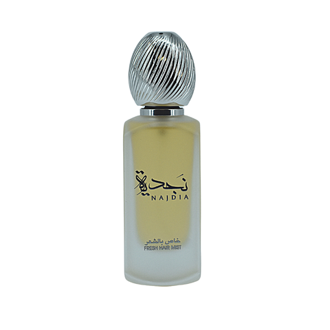 Lattafa Najdia Hair Mist 50ml bottle showing the clear spray container with floral and elegant design on the label.