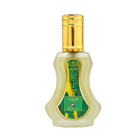 Al Rehab Africana EDP 35ml Eau De Parfum bottle with a sleek design and black cap, showcasing the fragrance container.