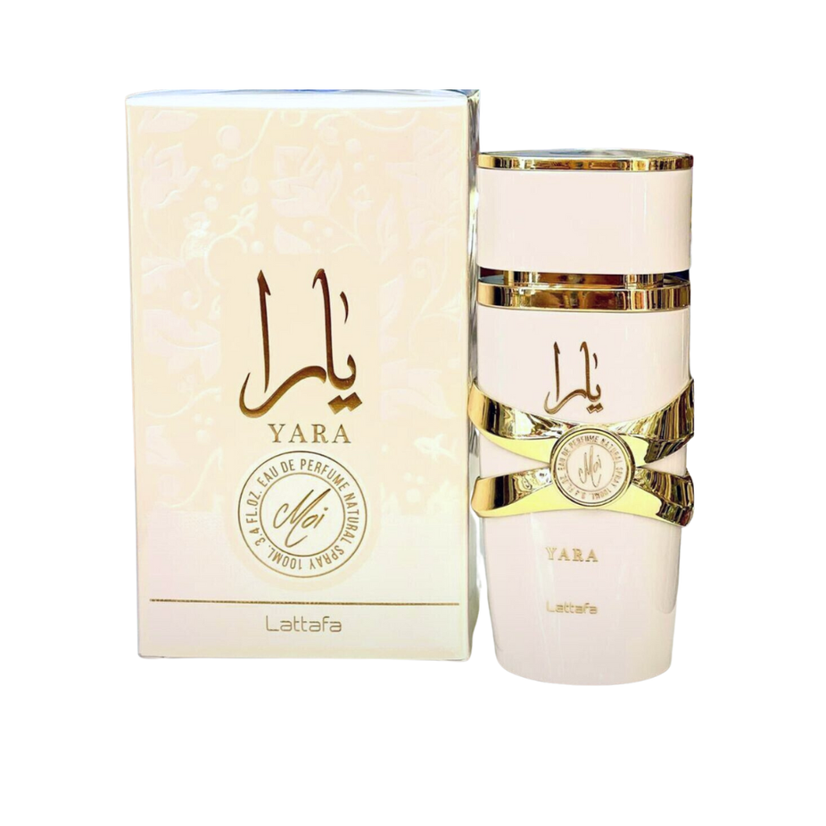 Lattafa Asad, Yara & Yara Moi Eau de Parfum spray bundle, 100ml bottles with elegant packaging and perfume caps.