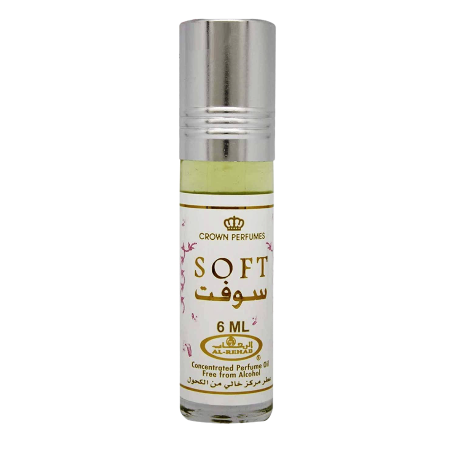 Soft 6ml Al Rehab perfume oil in a clear glass bottle with a black cap and a minimalist label, showcasing the concentrated perfume oil.