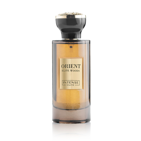 Orient Elite Woods Premium for Men Eau De Parfum by Intense Elite, 100ml bottle with velvet pouch, featuring woodsy, masculine fragrance.