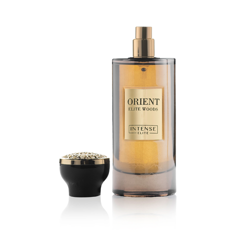 Orient Elite Woods Premium for Men EDP by Intense Elite in 100ml, with velvet pouch, featuring a sophisticated fragrance bottle.