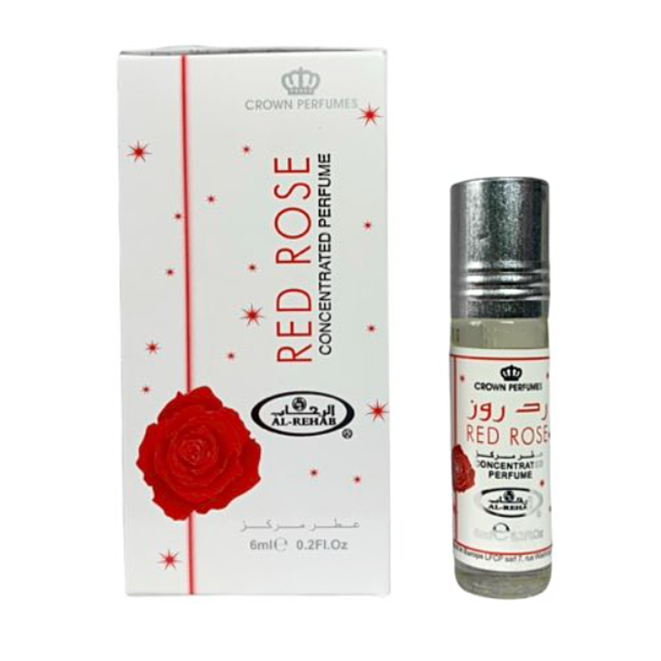 Red Rose 6ml concentrated perfume oil by Al Rehab, showing a small glass bottle with a red floral label and silver cap.