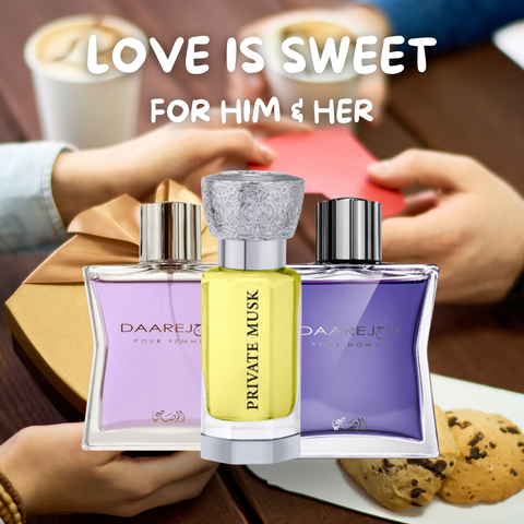 Love Is Sweet Bundle for Him & Her - Daarej Men, Daarej Women, Private Musk Unisex - Intense Oud