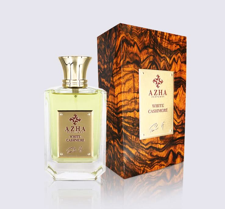 White Cashmere Eau De Parfum by AZHA in 100ml bottle, elegant white packaging, showcasing the luxurious fragrance.