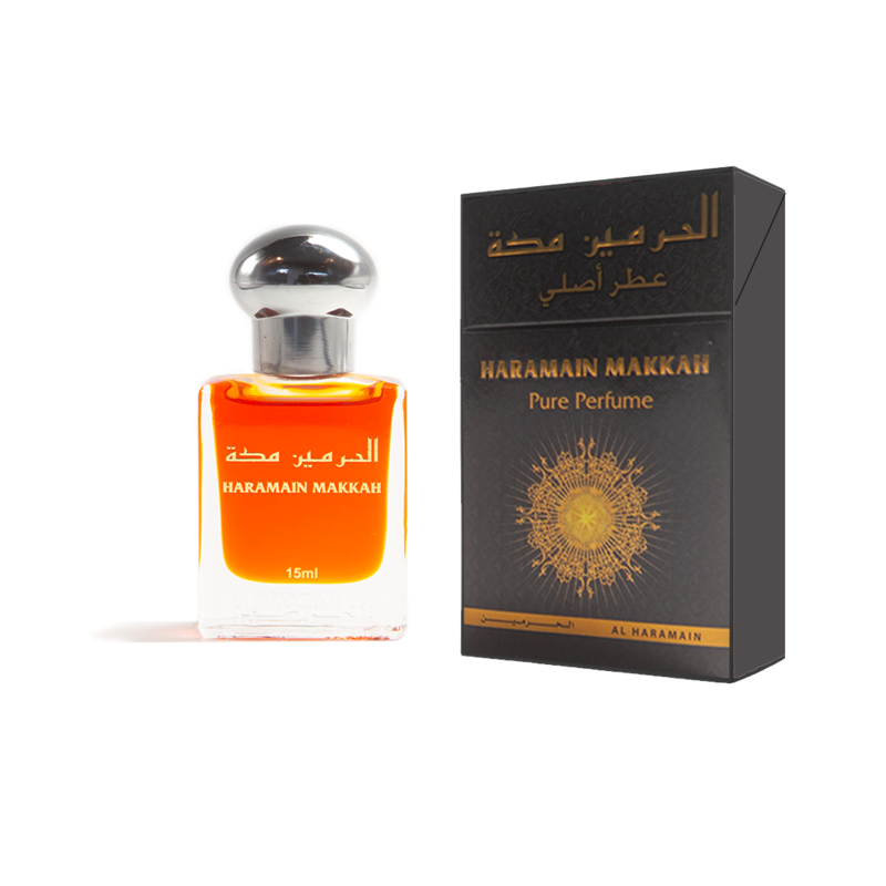 Al Haramain Makkah Perfume Oil 15ml, concentrated perfume oil in a small glass bottle with a decorative cap.