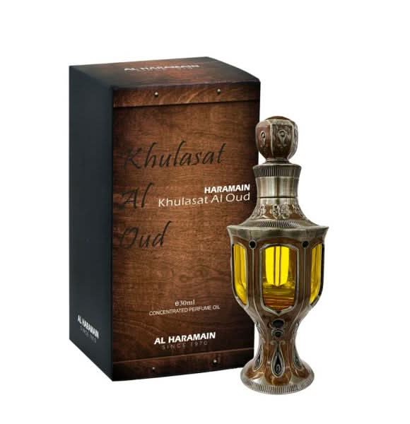 Al Haramain Khulasat Al Oud Concentrated Perfume Oil in a 30ml bottle, featuring a luxurious fragrance and elegant packaging.