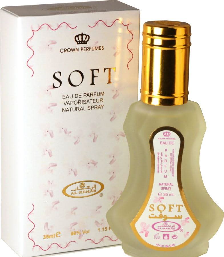 Al Rehab Soft Eau de Parfum spray bottle, 35ml, with elegant packaging and a soft fragrance design.