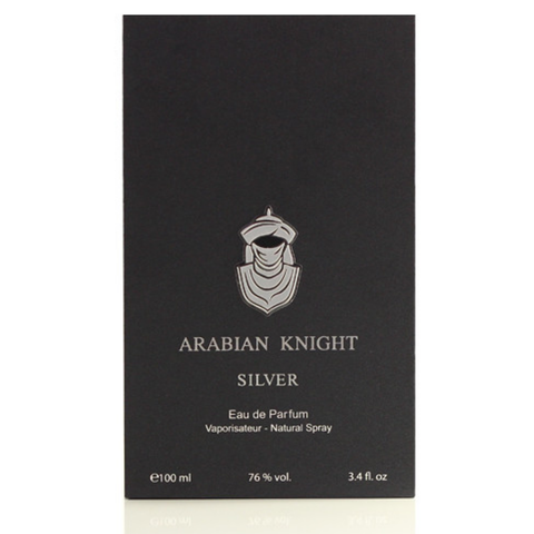 Arabian Knight Silver EDP by Arabian Oud in 100ml bottle, showcasing sleek silver packaging and elegant perfume design.