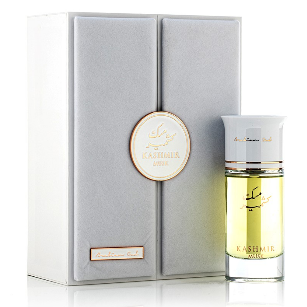 Arabian Oud Kashmir Musk EDP 100ML bottle with elegant packaging, showcasing the luxurious fragrance and design.