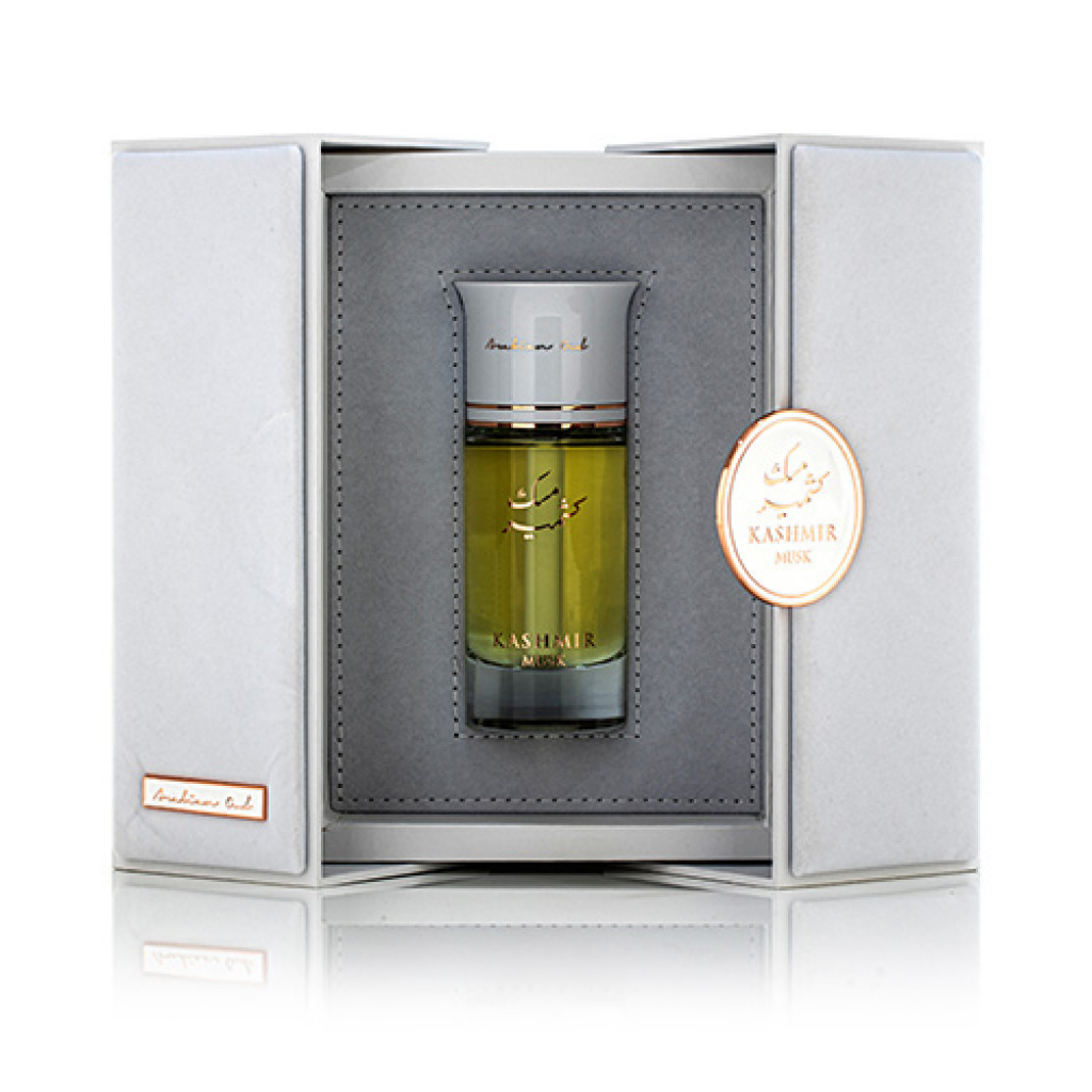 Arabian Oud Kashmir Musk EDP 100ML perfume bottle with elegant packaging and a sleek design.
