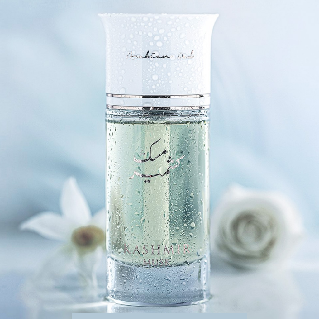 Arabian Oud Kashmir Musk EDP 100ML Eau De Parfum bottle with elegant design and floral notes, displayed in the image.