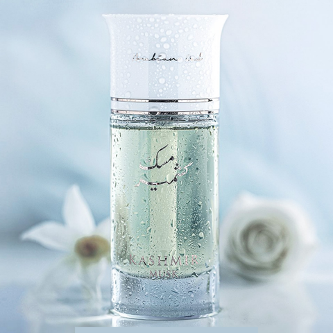 Arabian Oud Kashmir Musk EDP 100ML Eau De Parfum bottle with elegant design and floral notes, displayed in the image.
