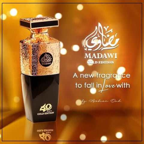 Arabian Oud Madawi Gold Edition Unisex Eau De Parfum 100ml bottle with elegant gold packaging.
