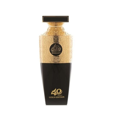 Arabian Oud Madawi Gold Edition unisex Eau De Parfum spray bottle with box, 100ml, featuring gold accents and elegant packaging.